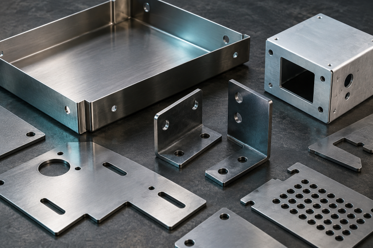 Illustration of folded sheet metal trays, brackets and laser-cut components